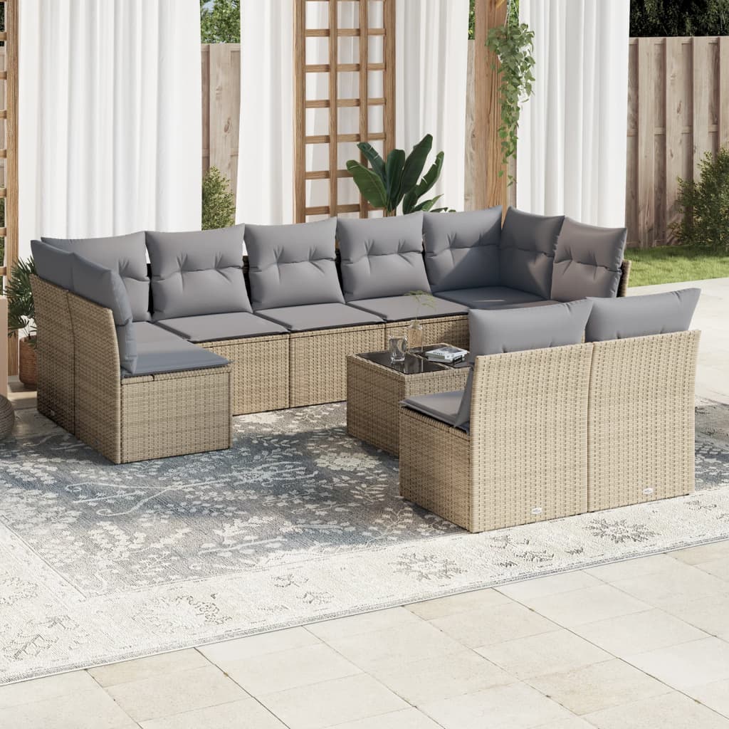 vidaXL 10-tlg. Garten-Sofagarnitur mit Kissen Beige Poly Rattan