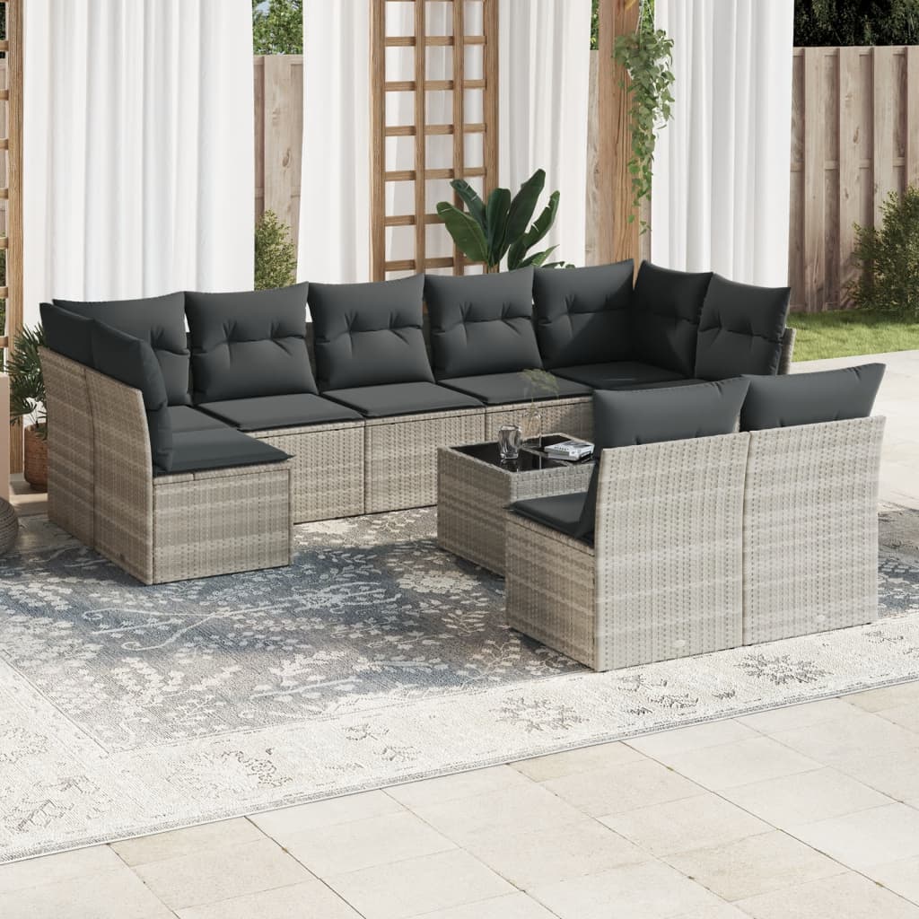 10-tlg. Garten-Sofagarnitur mit Kissen Hellgrau Poly Rattan