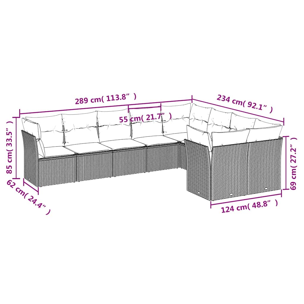 9 Piece Garden Sofa Set with Cushions Black Poly Rattan 3250004