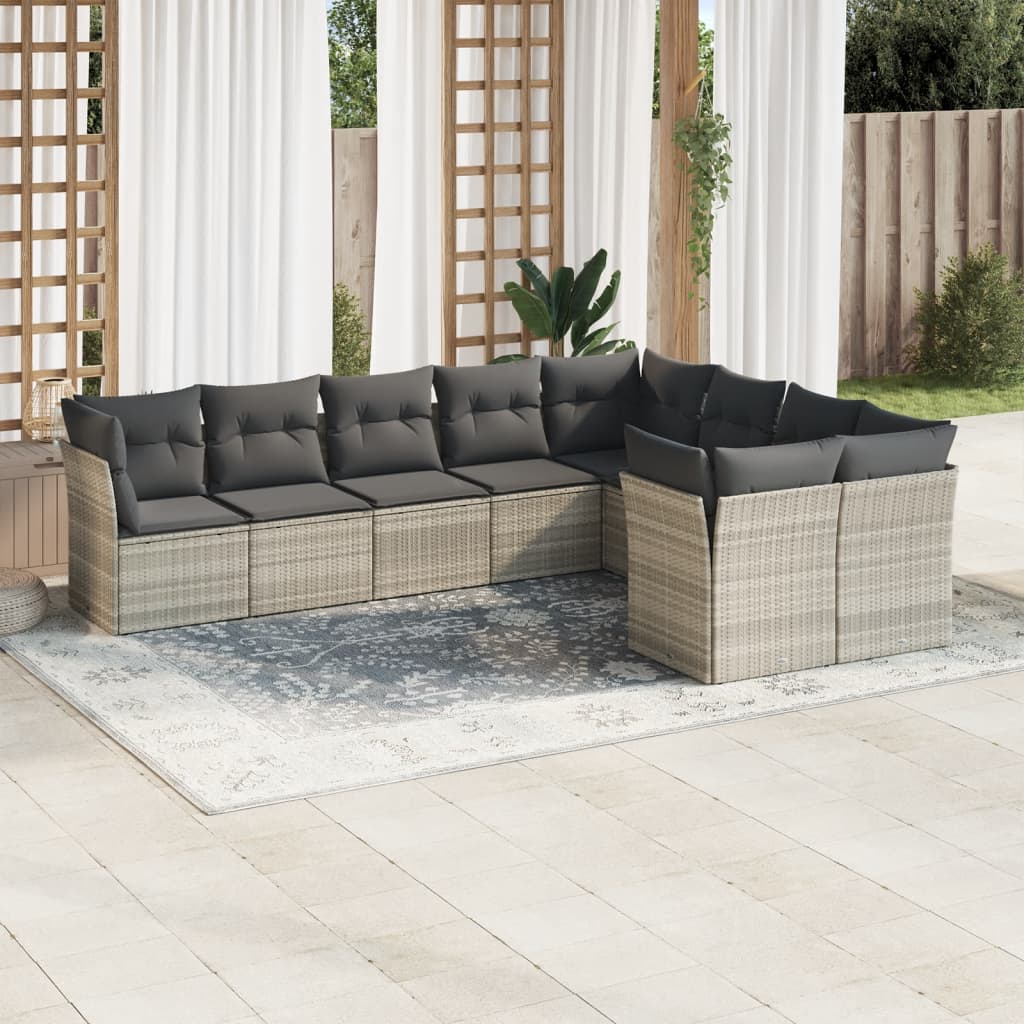 9-tlg. Garten-Sofagarnitur mit Kissen Hellgrau Poly Rattan