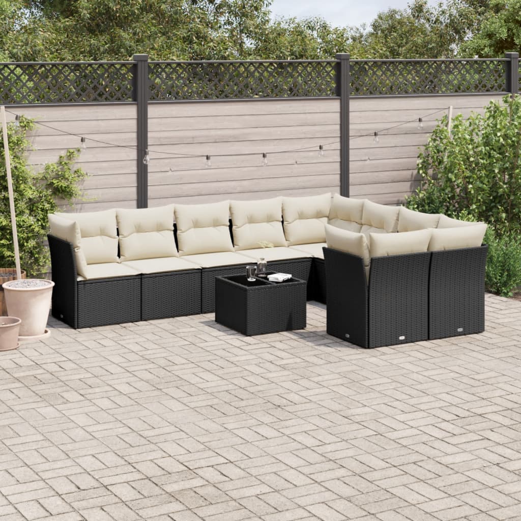 10-tlg. Garten-Sofagarnitur mit Kissen Schwarz Poly Rattan