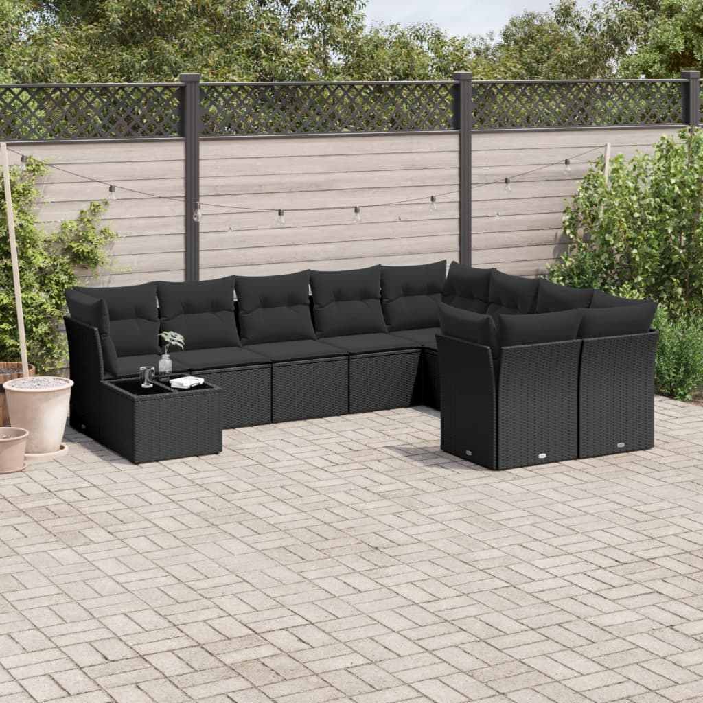 vidaXL 10-tlg. Garten-Sofagarnitur mit Kissen Schwarz Poly Rattan