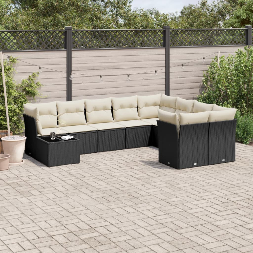 vidaXL 10-tlg. Garten-Sofagarnitur mit Kissen Schwarz Poly Rattan