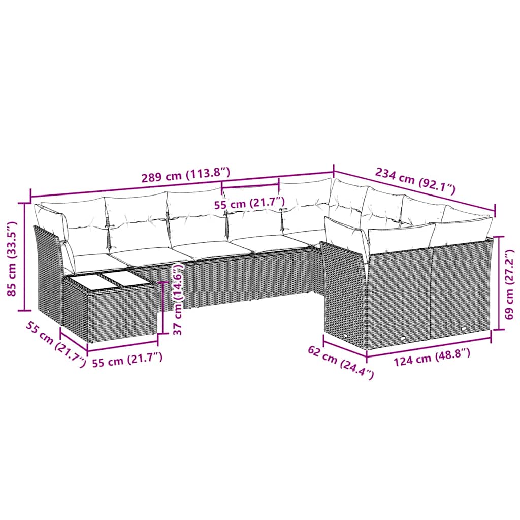 vidaXL 10-delige Loungeset met kussens poly rattan lichtgrijs afbeelding