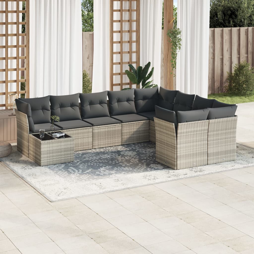 vidaXL 10-tlg. Garten-Sofagarnitur mit Kissen Hellgrau Poly Rattan