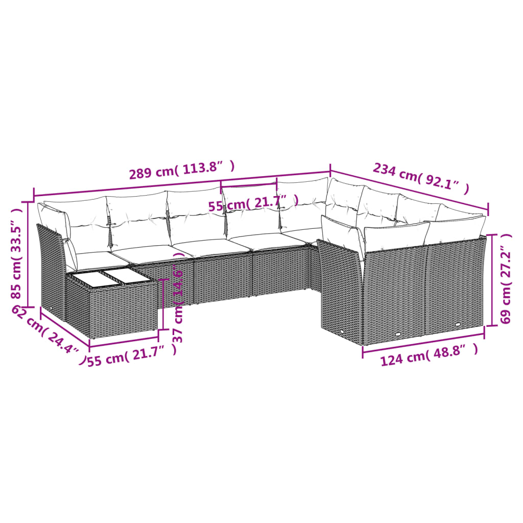 vidaXL 10-delige Loungeset met kussens poly rattan bruin