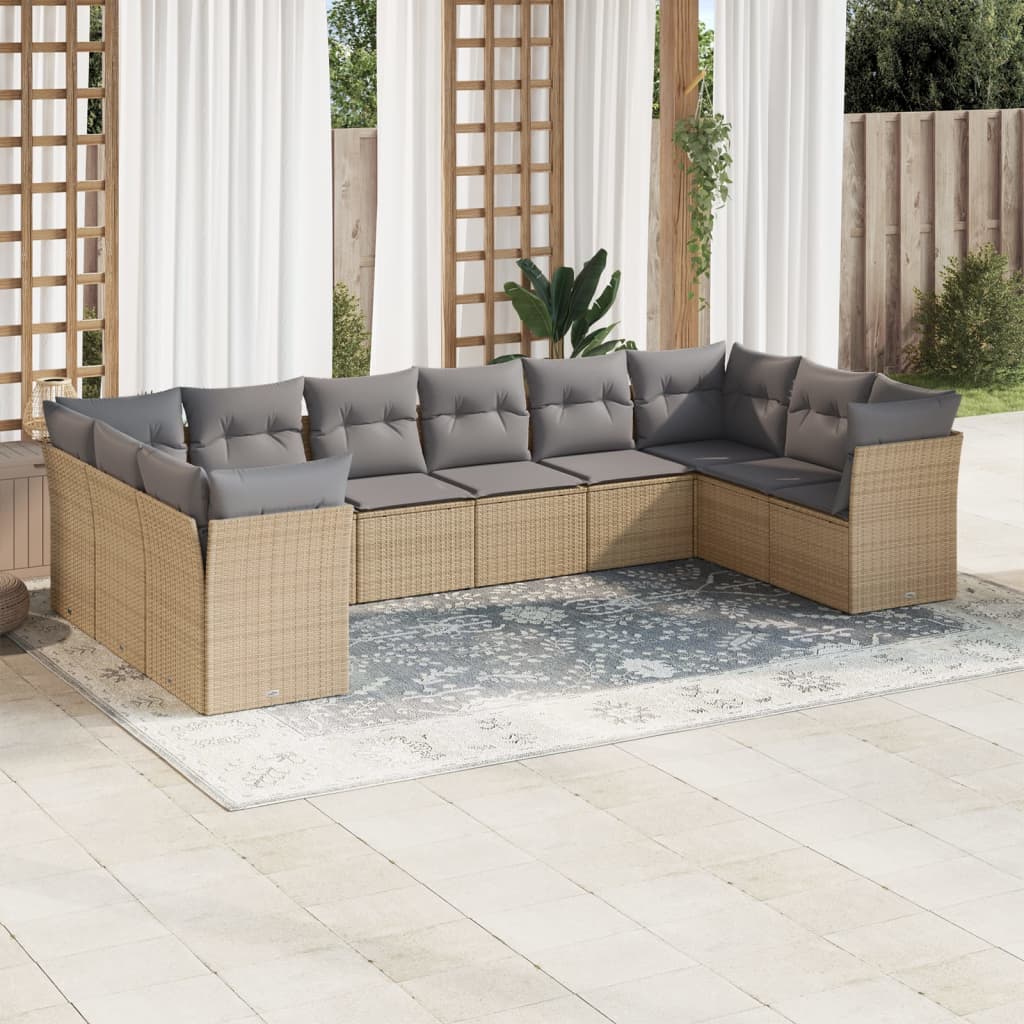 vidaXL 10-tlg. Garten-Sofagarnitur mit Kissen Beige Poly Rattan