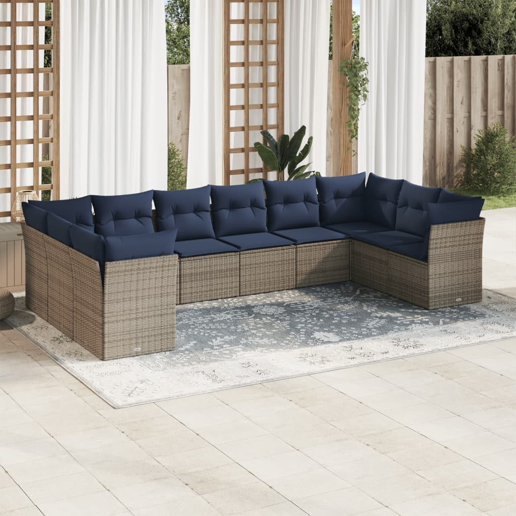 10 pcs conjunto sofás p/ jardim c/ almofadões vime PE cinzento