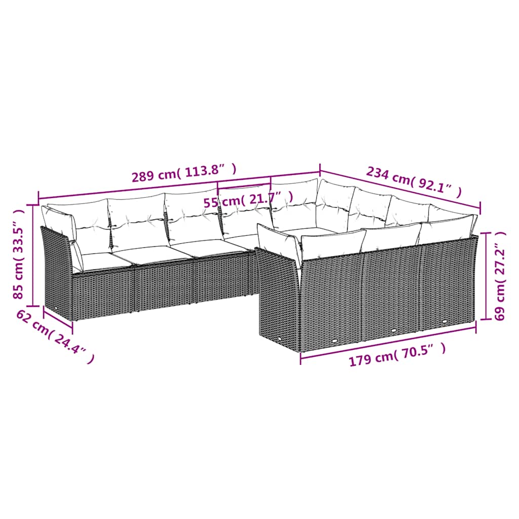 Set canapele de grădină cu perne, 10 piese, negru, poliratan 3250054 - imagine 3