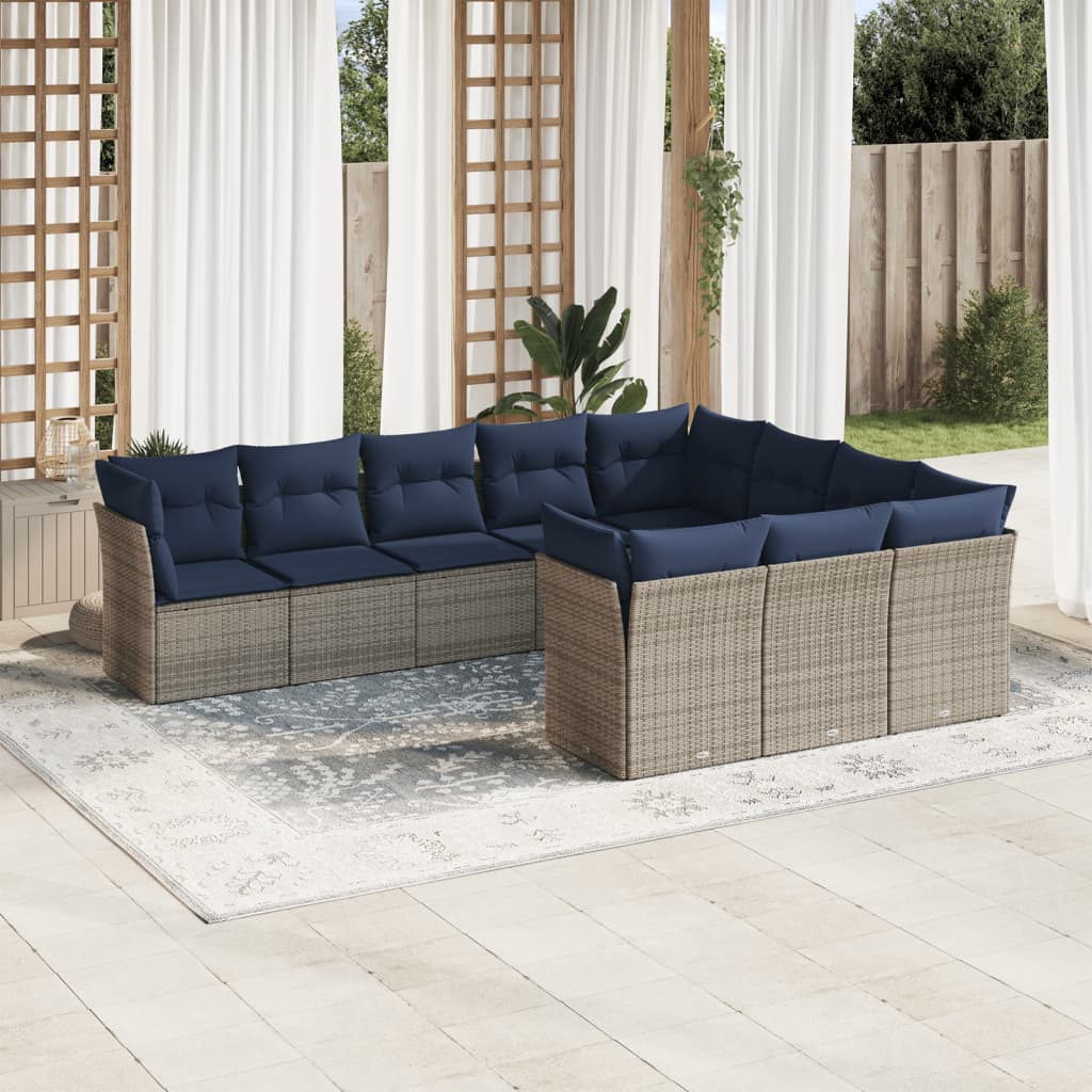 10 pcs conjunto sofás p/ jardim c/ almofadões vime PE cinzento
