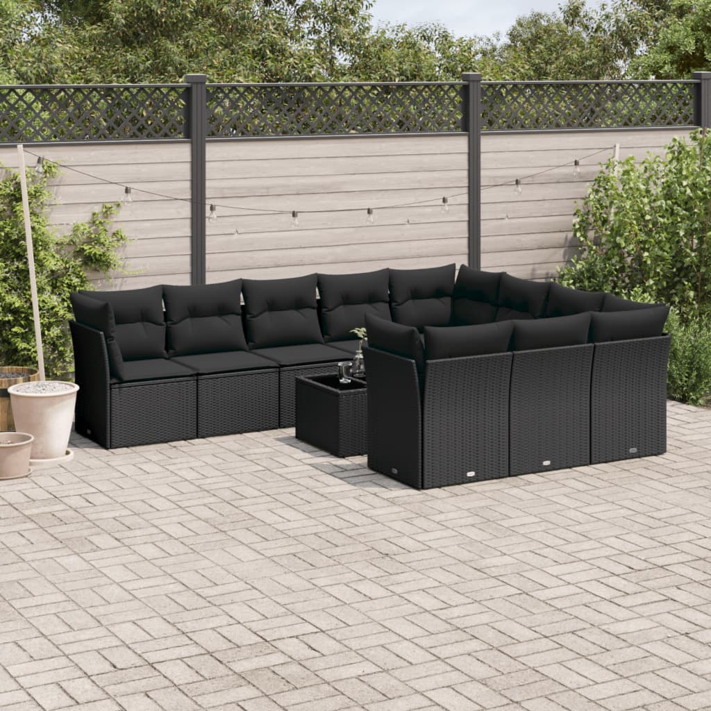 vidaXL 11-tlg. Garten-Sofagarnitur mit Kissen Schwarz Poly Rattan