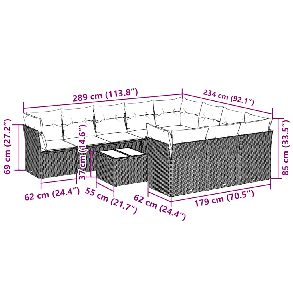 Set canapele de grădină cu perne, 11 piese, gri, poliratan 3250071 - imagine 3