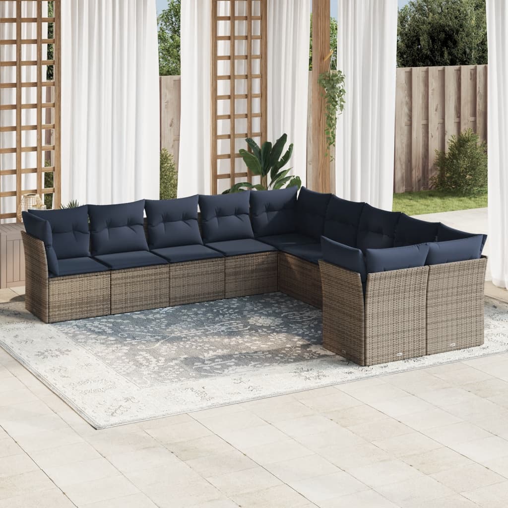 10 pcs conjunto sofás p/ jardim c/ almofadões vime PE cinzento