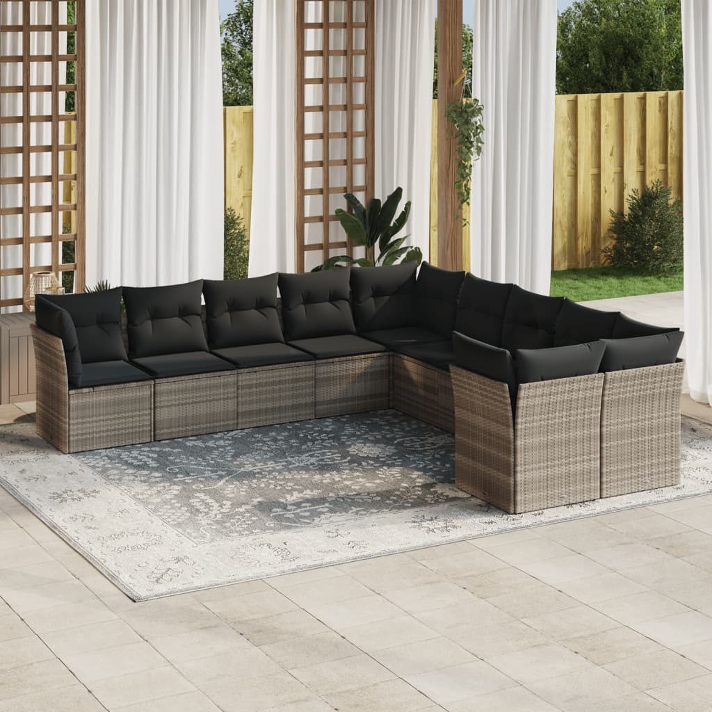 10-tlg. Garten-Sofagarnitur mit Kissen Hellgrau Poly Rattan