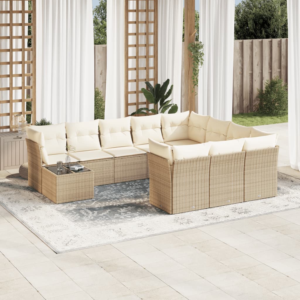 vidaXL 11-tlg. Garten-Sofagarnitur mit Kissen Beige Poly Rattan