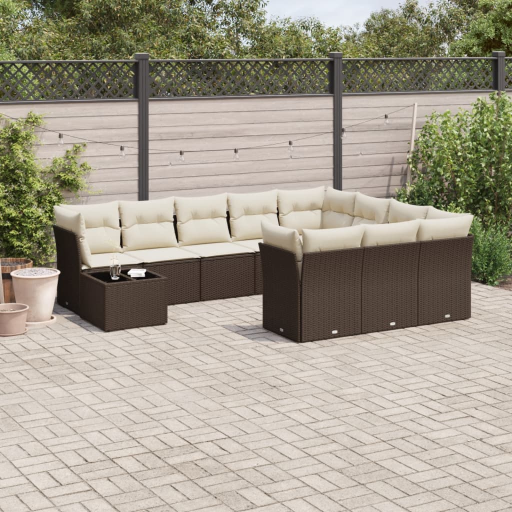 vidaXL 11-tlg. Garten-Sofagarnitur mit Kissen Braun Poly Rattan