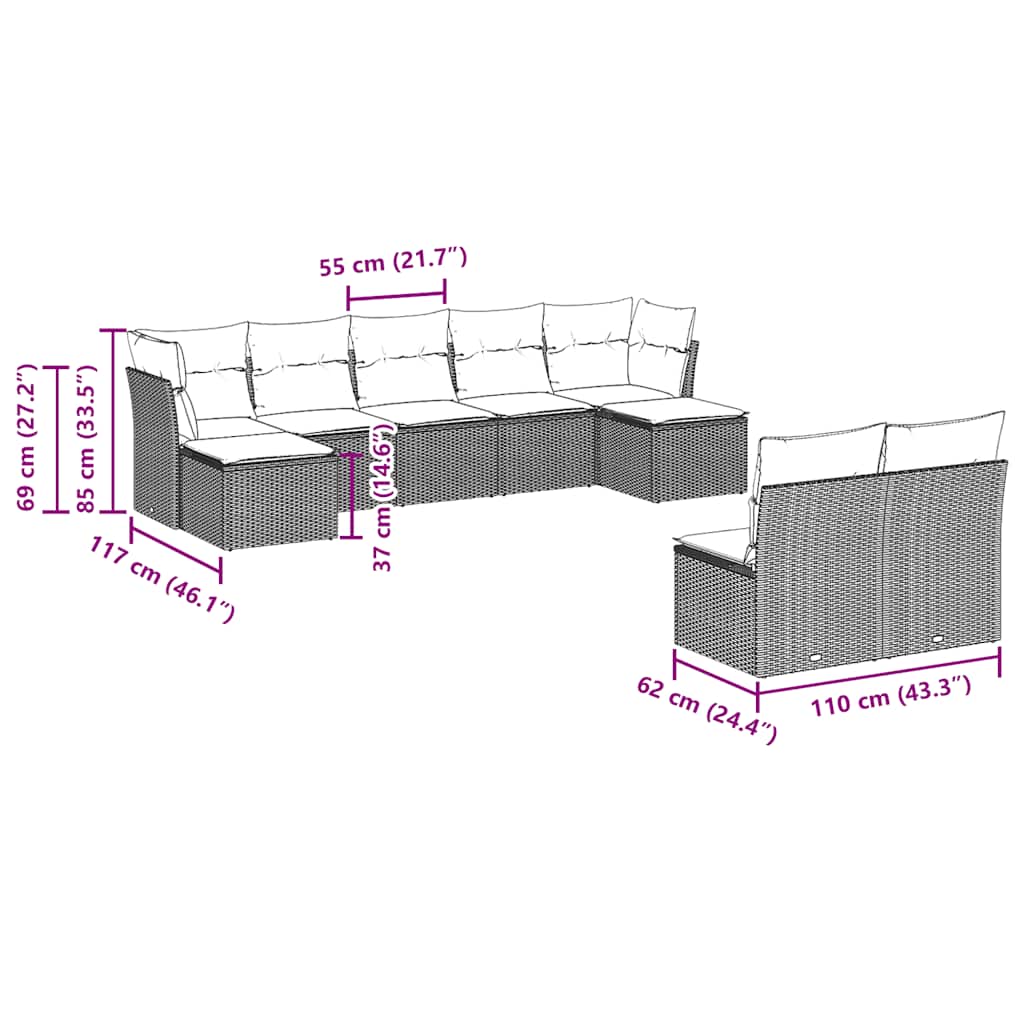 vidaXL 9-delige Loungeset met kussens poly rattan zwart afbeelding