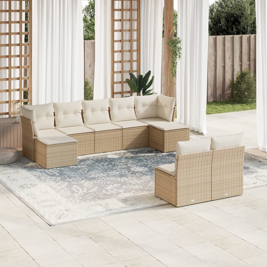 9-tlg. Garten-Sofagarnitur mit Kissen Beige Poly Rattan