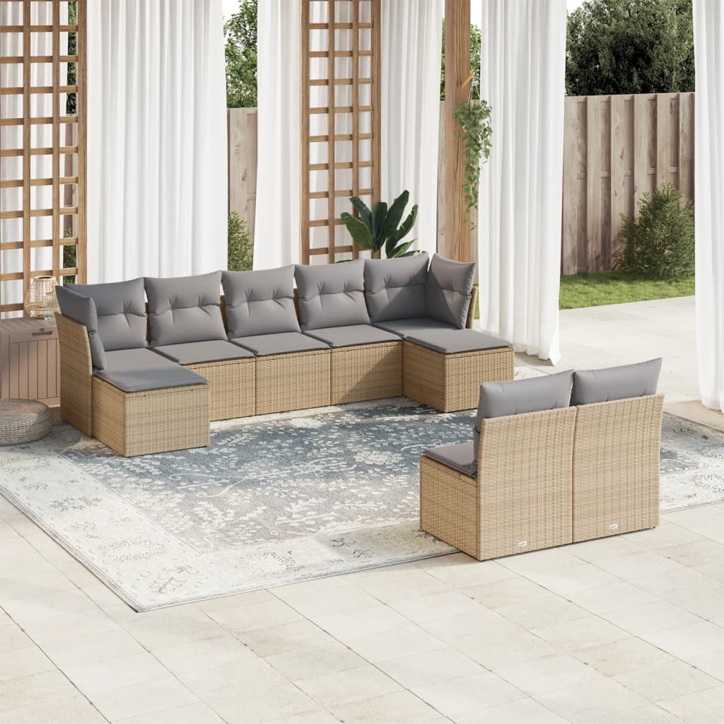 vidaXL 9-tlg. Garten-Sofagarnitur mit Kissen Beige Poly Rattan