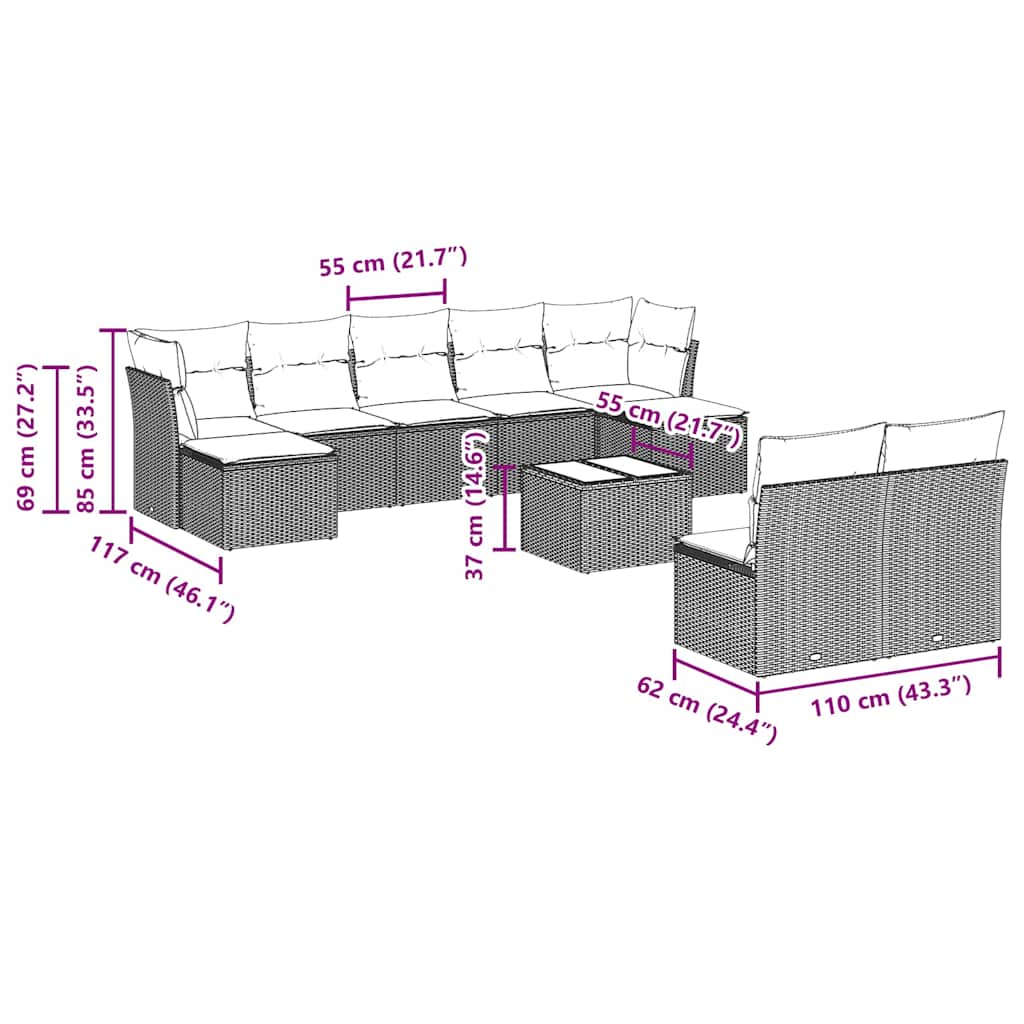 Set canapele de grădină cu perne, 10 piese, negru, poliratan 3250115 - imagine 3