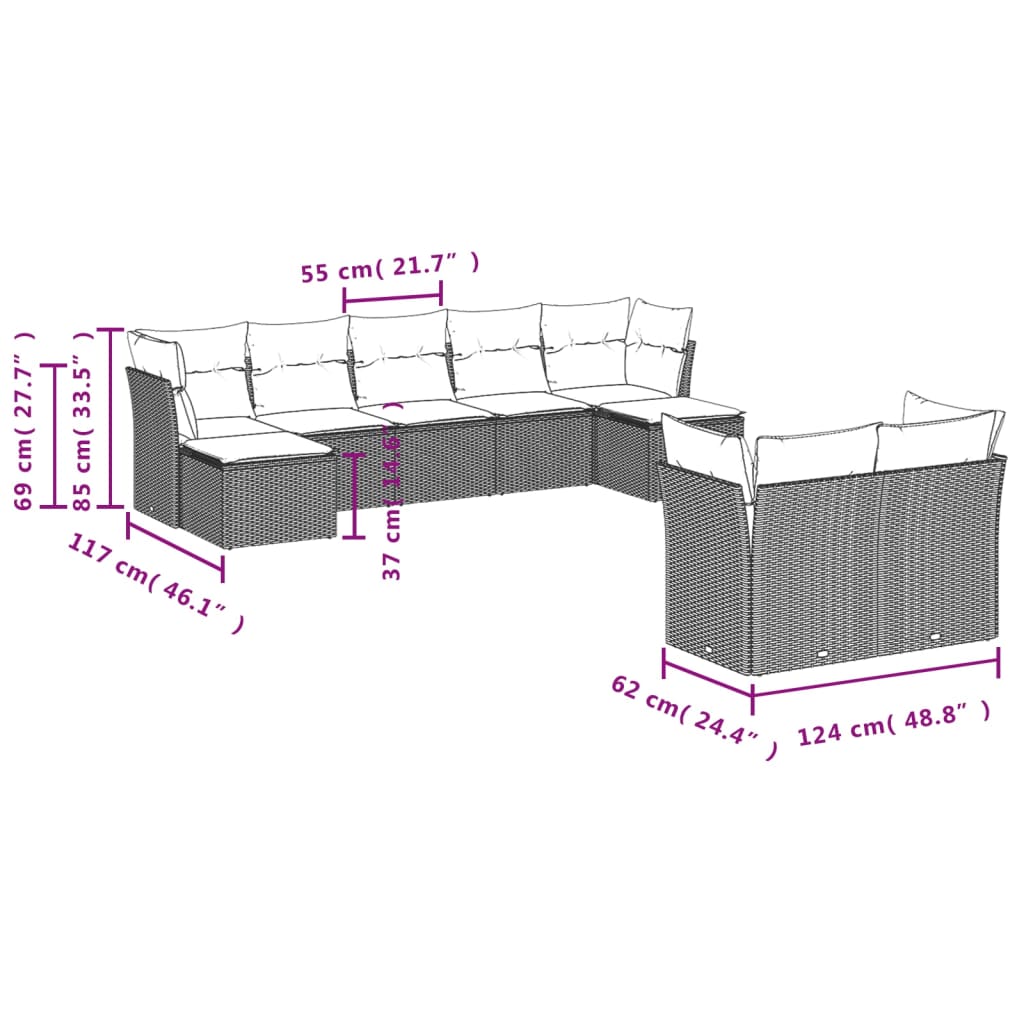 Set canapele de grădină, 9 piese, cu perne, gri, poliratan 3250149 - imagine 3