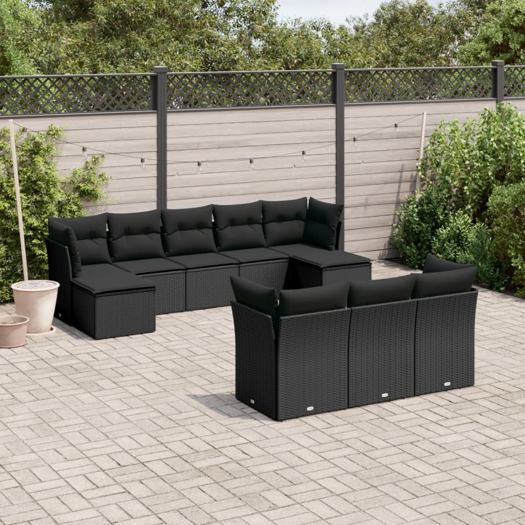 vidaXL 10-tlg. Garten-Sofagarnitur mit Kissen Schwarz Poly Rattan