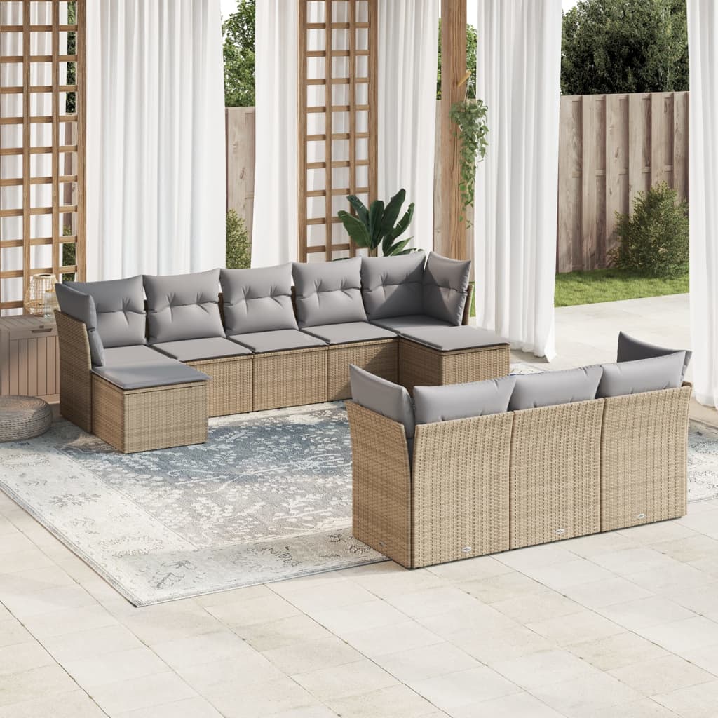 vidaXL 10-tlg. Garten-Sofagarnitur mit Kissen Beige Poly Rattan