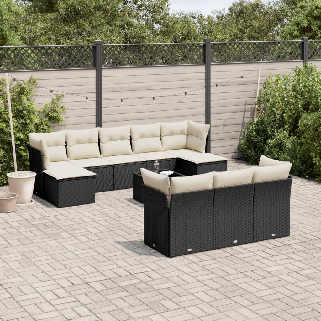 vidaXL 11-tlg. Garten-Sofagarnitur mit Kissen Schwarz Poly Rattan