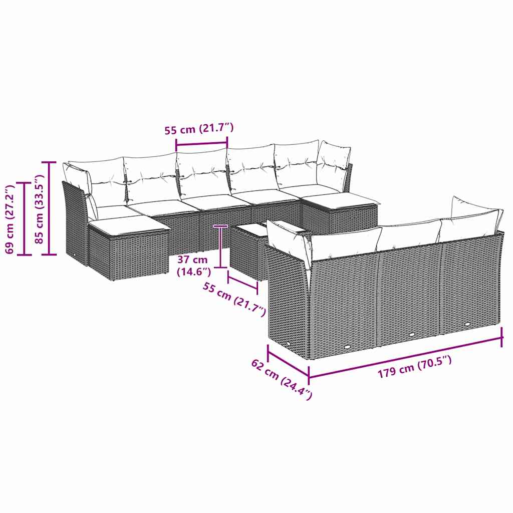 Set canapele de grădină cu perne, 11 piese, gri, poliratan 3250181 - imagine 3