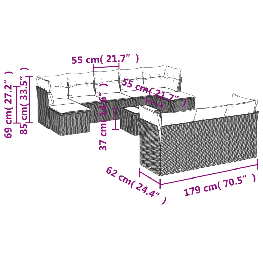 vidaXL 11-delige Loungeset met kussens poly rattan bruin