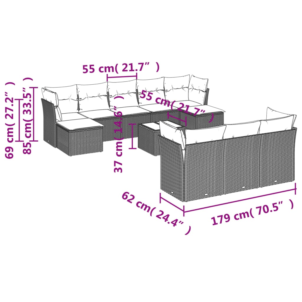 Set canapele de grădină cu perne, 11 piese, maro, poliratan 3250182 - imagine 3