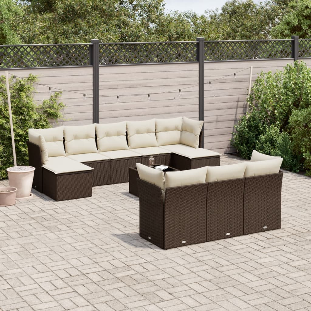 vidaXL 11-tlg. Garten-Sofagarnitur mit Kissen Braun Poly Rattan