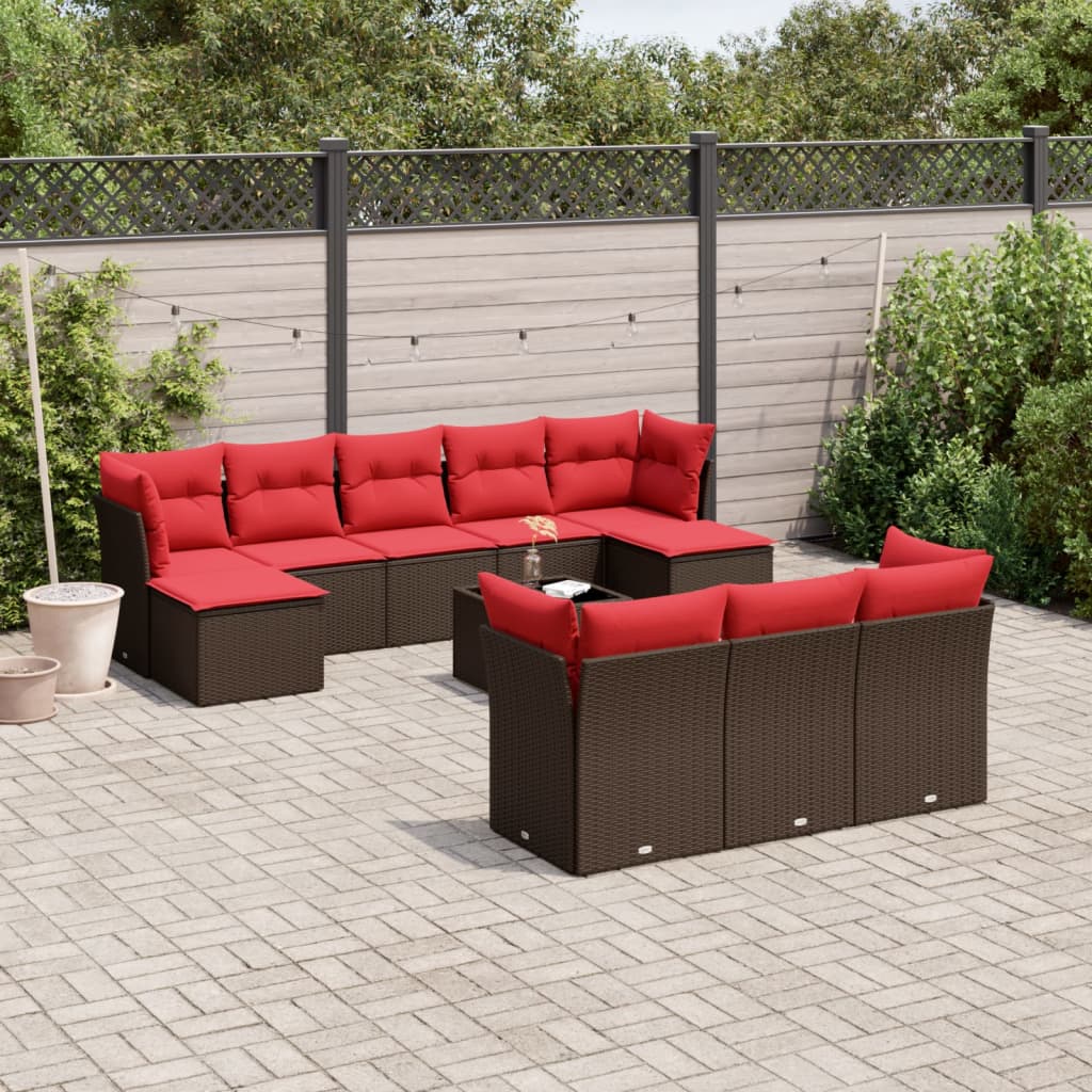11 Piece Patio Sofa Set with Cushions Brown Poly Rattan