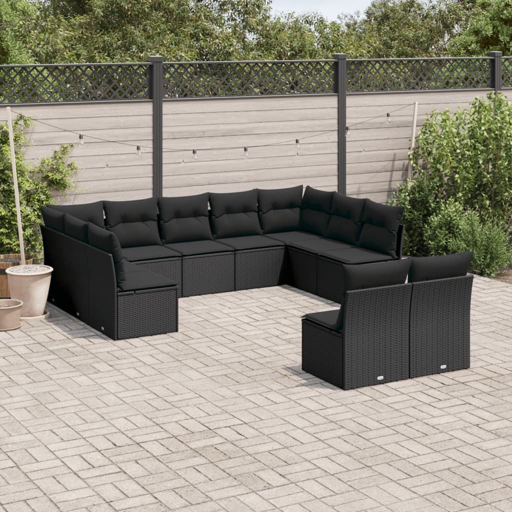 vidaXL 11-tlg. Garten-Sofagarnitur mit Kissen Schwarz Poly Rattan