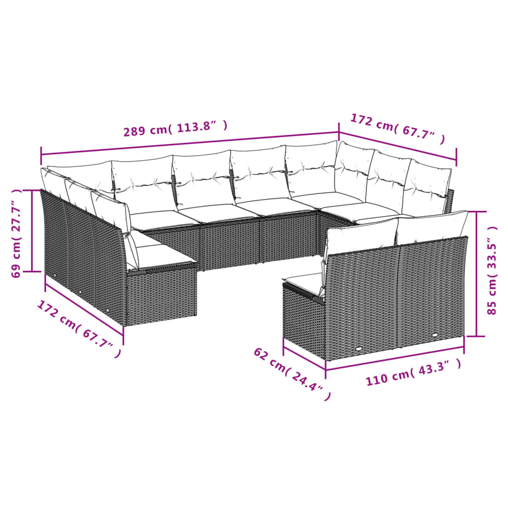 vidaXL 11-delige Loungeset met kussens poly rattan lichtgrijs