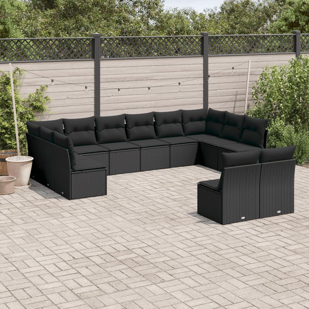 vidaXL 12-tlg. Garten-Sofagarnitur mit Kissen Schwarz Poly Rattan