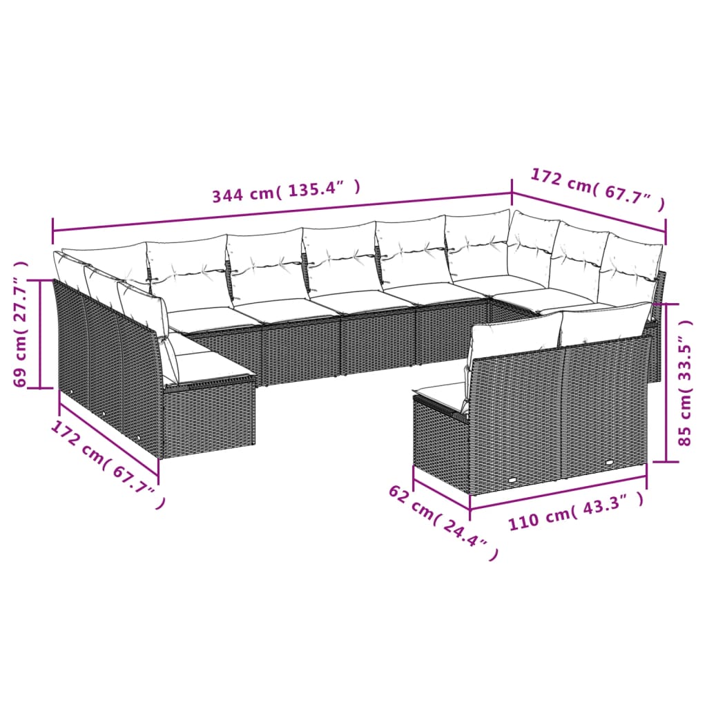 Set canapele de grădină cu perne, 12 piese, bej, poliratan 3250208 - imagine 3