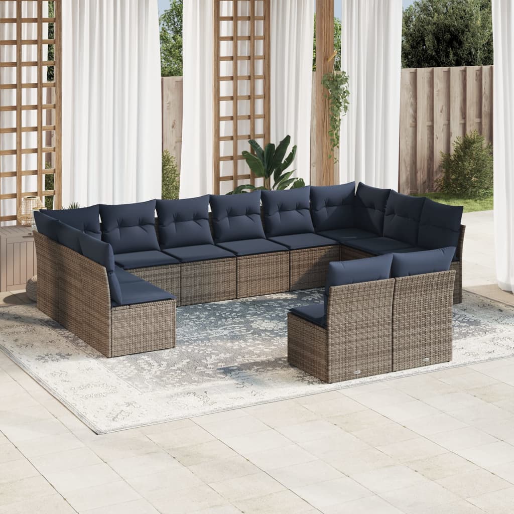12 pcs conjunto sofás p/ jardim c/ almofadões vime PE cinzento