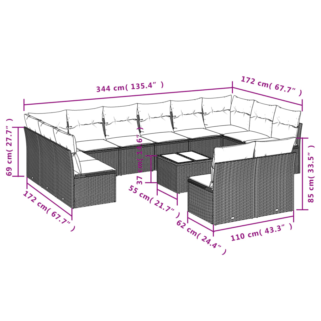 Set mobilier de grădină cu perne, 13 piese, negru, poliratan 3250215 - imagine 3