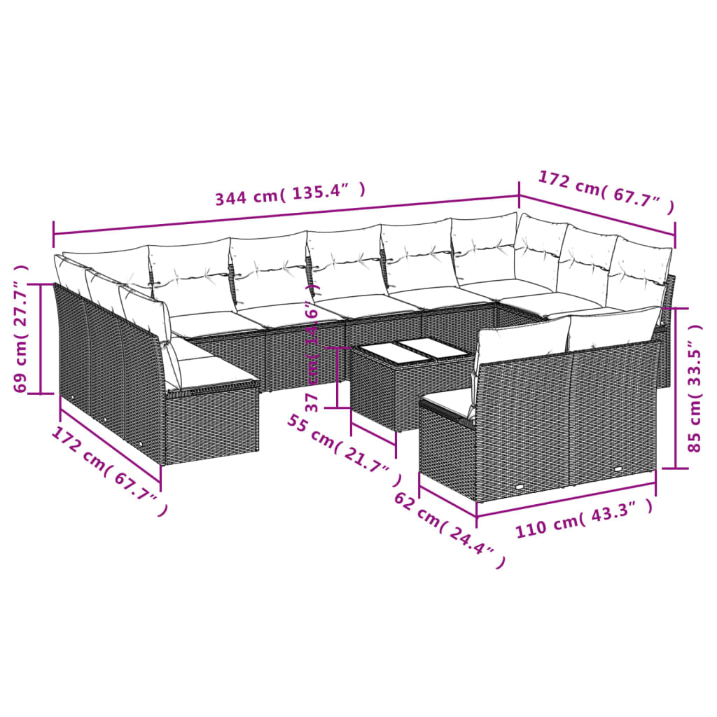 Set mobilier de grădină cu perne, 13 piese, gri, poliratan 3250219 - imagine 3