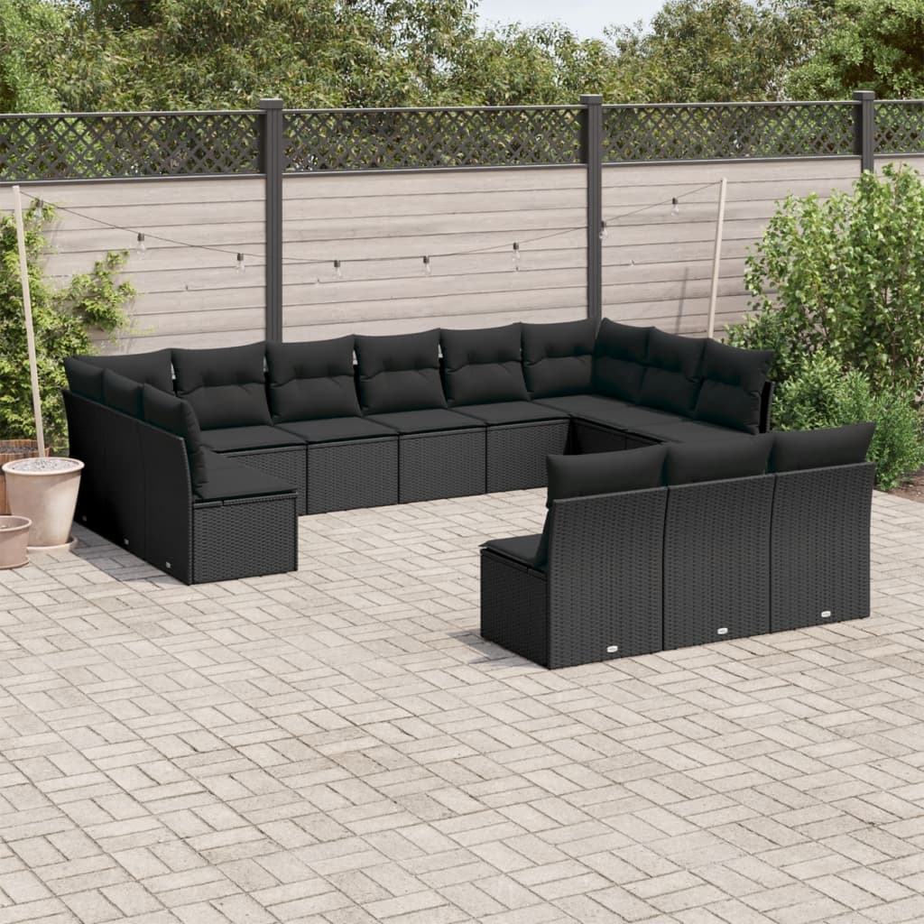 vidaXL 13-tlg. Garten-Sofagarnitur mit Kissen Schwarz Poly Rattan