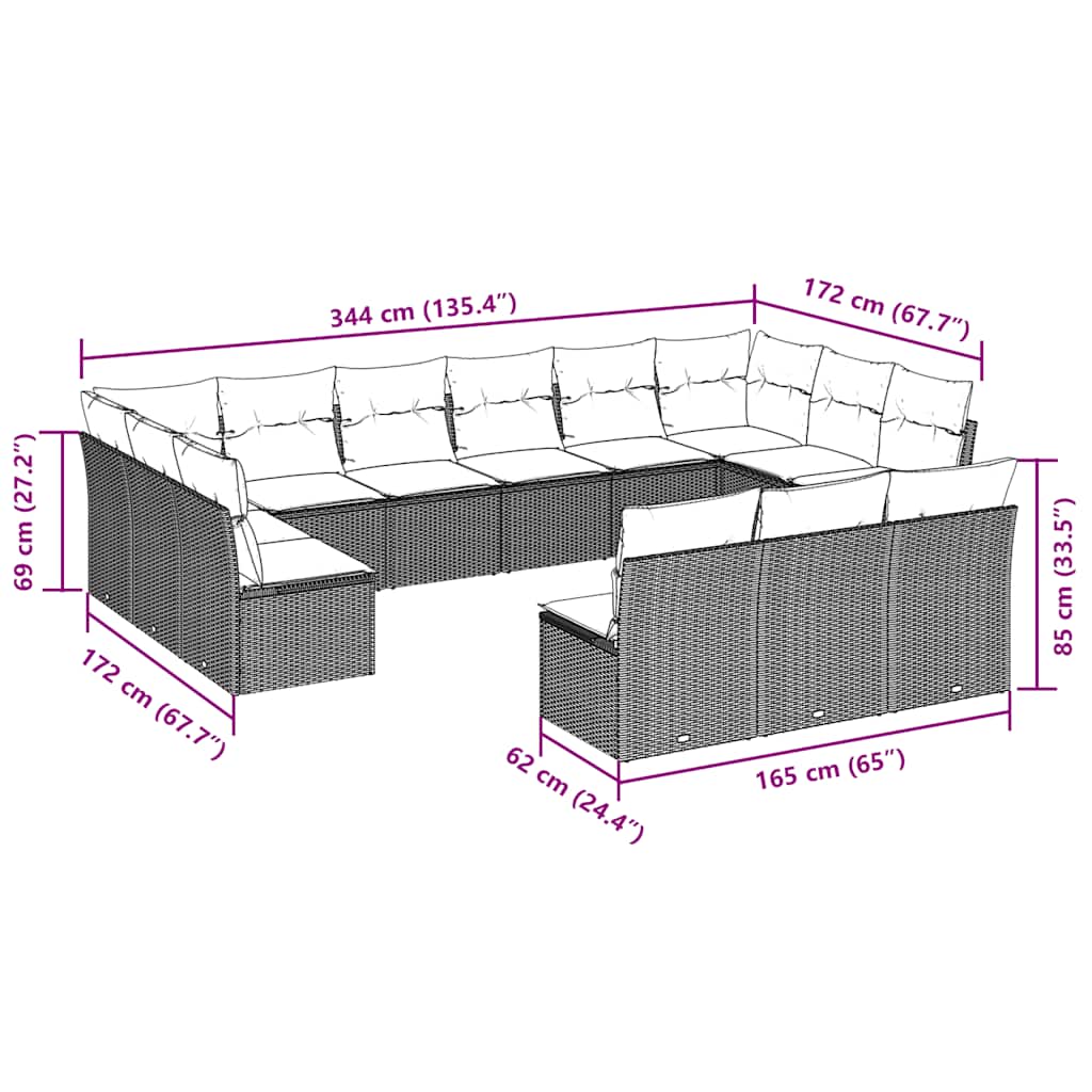 Set mobilier de grădină cu perne, 13 piese, negru, poliratan 3250225 - imagine 3