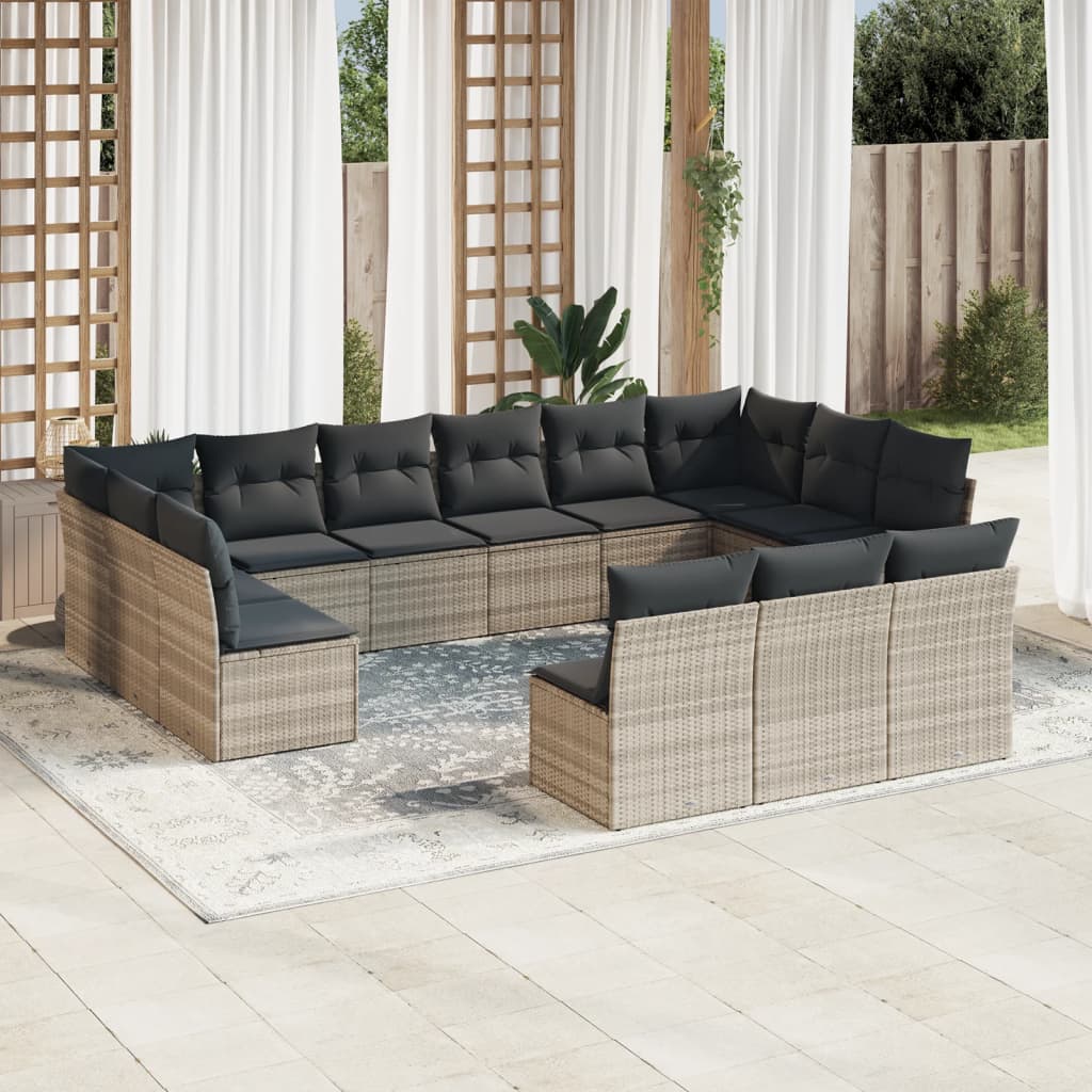 vidaXL 13-tlg. Garten-Sofagarnitur mit Kissen Hellgrau Poly Rattan