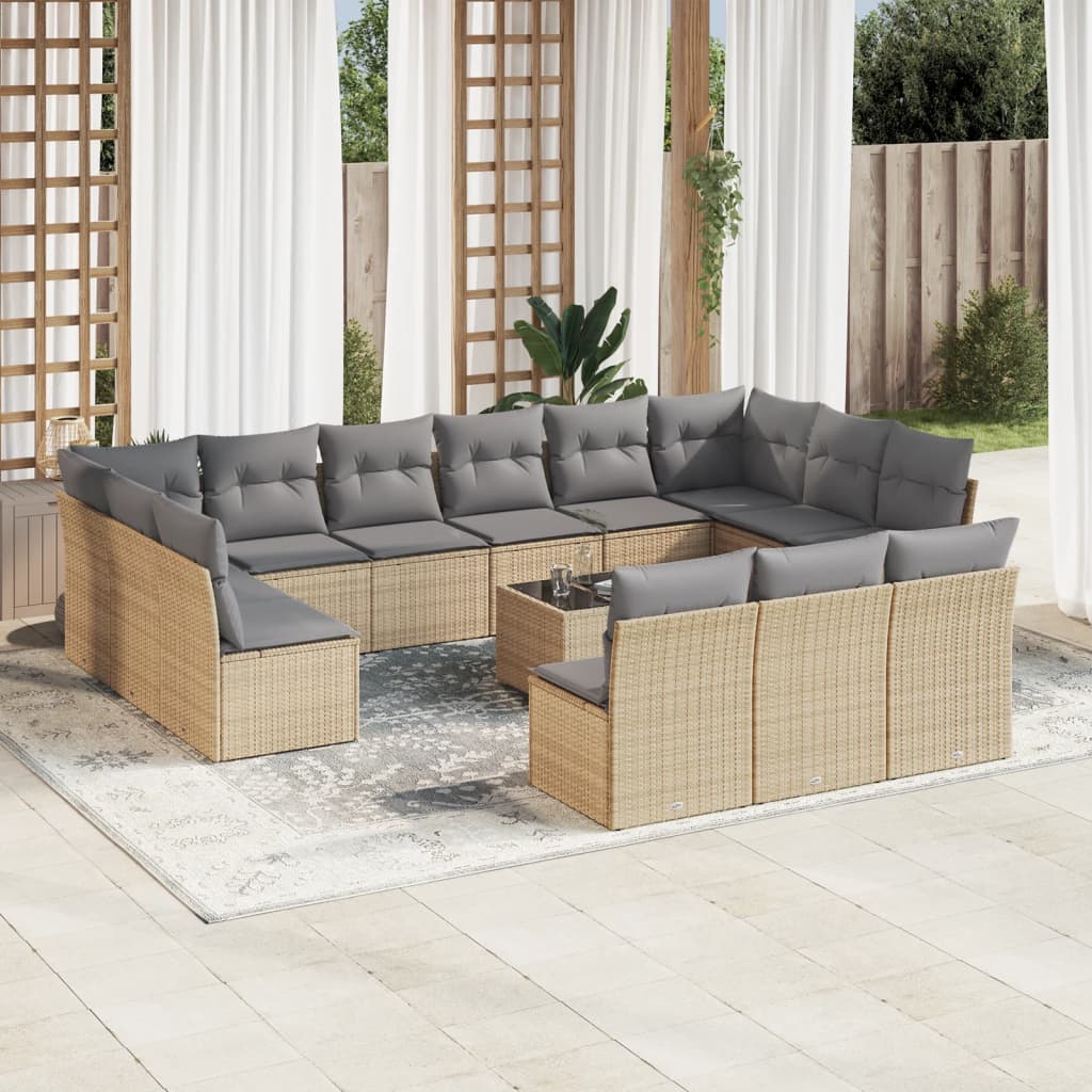 14-tlg. Garten-Sofagarnitur mit Kissen Beige Poly Rattan