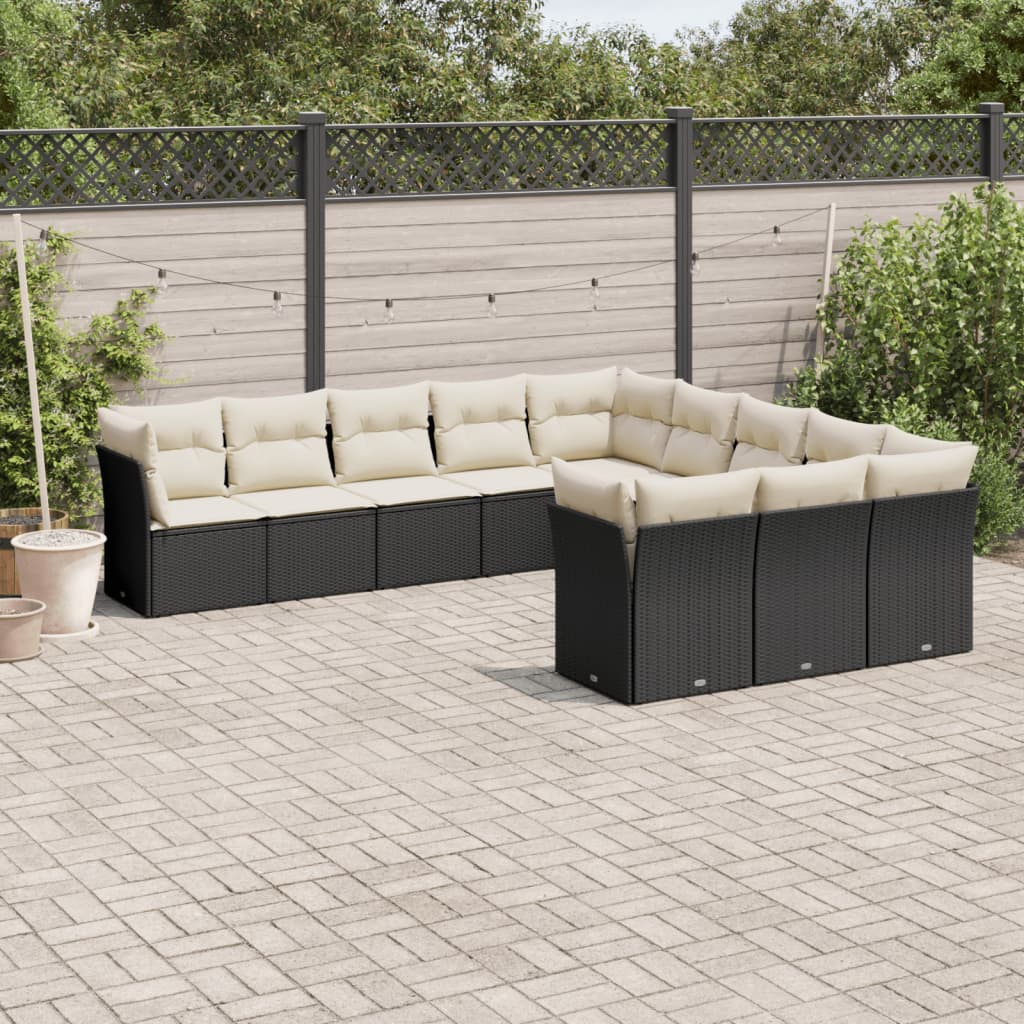 vidaXL 11-tlg. Garten-Sofagarnitur mit Kissen Schwarz Poly Rattan