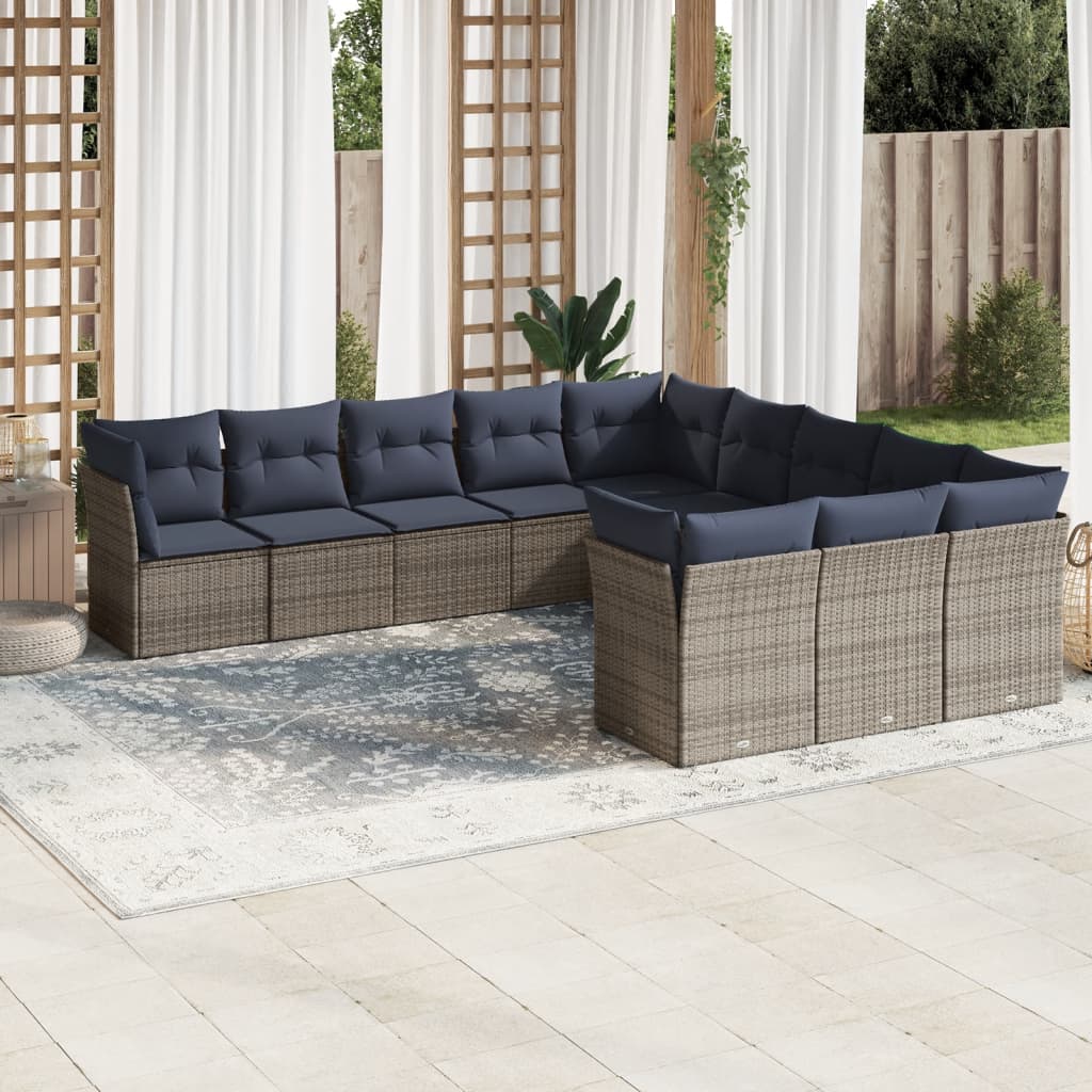 11 pcs conjunto sofás de jardim c/ almofadões vime PE cinzento