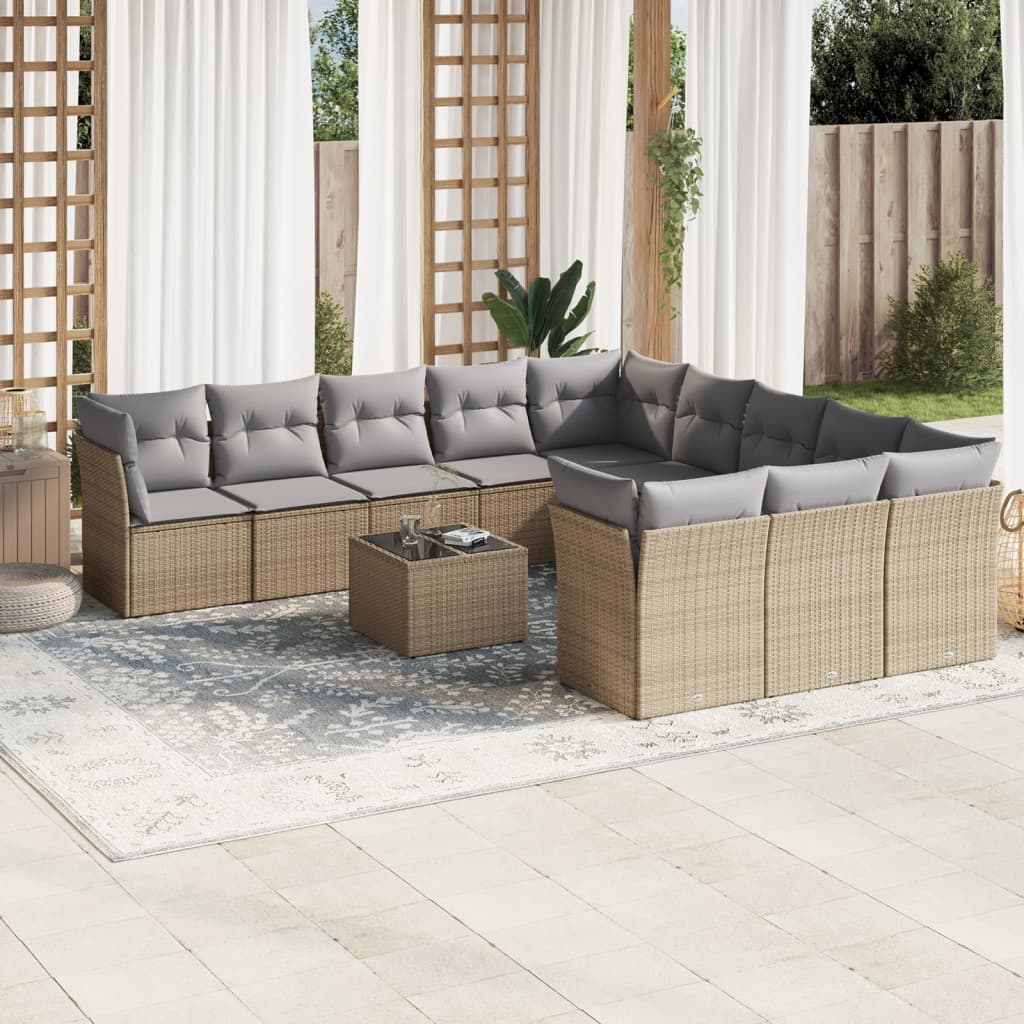 12-tlg. Garten-Sofagarnitur mit Kissen Beige Poly Rattan