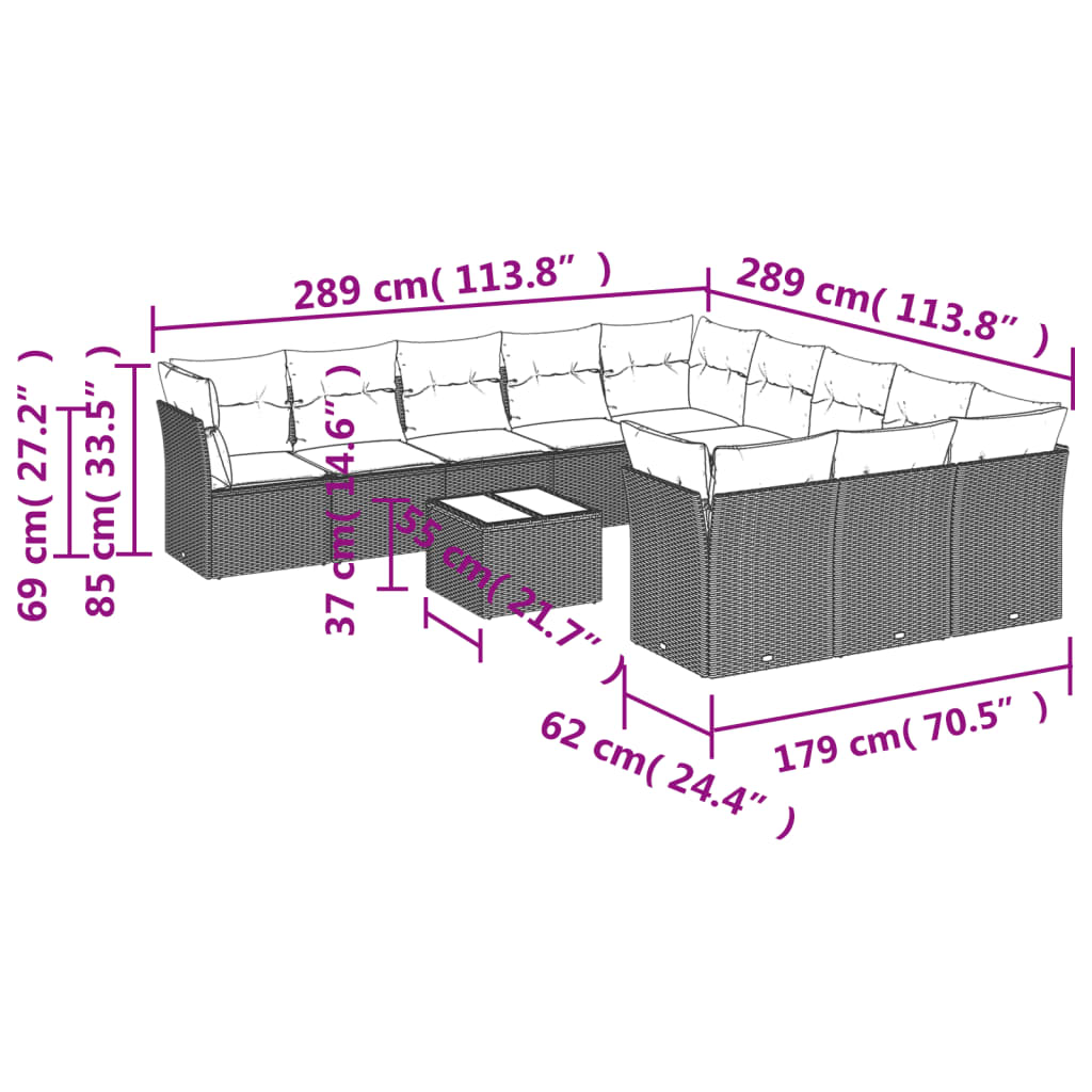 vidaXL 12-delige Loungeset met kussens poly rattan bruin