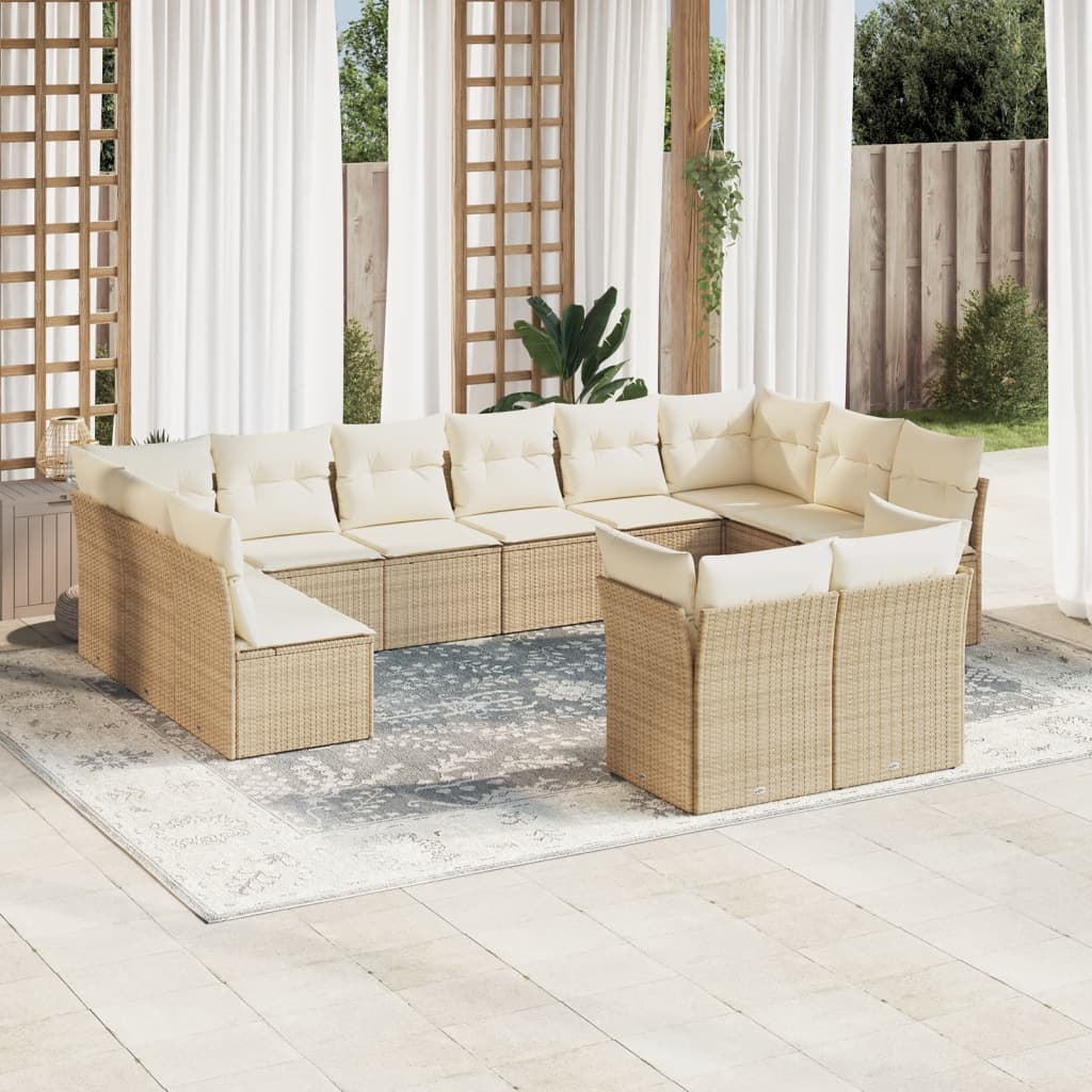 12-tlg. Garten-Sofagarnitur mit Kissen Beige Poly Rattan