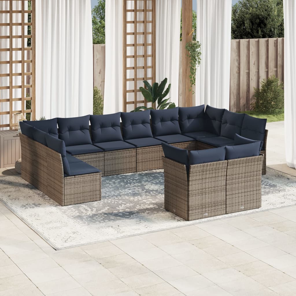 12 pcs conjunto sofás p/ jardim c/ almofadões vime PE cinzento